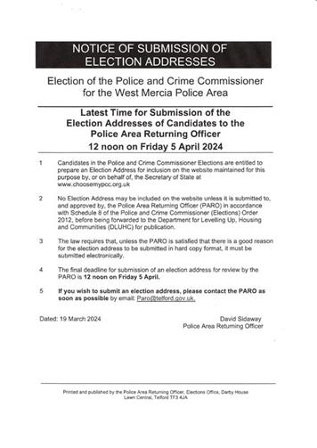  - Election of Police and Crime Commissioner