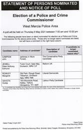 Statement of Persons Nominated For the Police and Crime Commissioner
